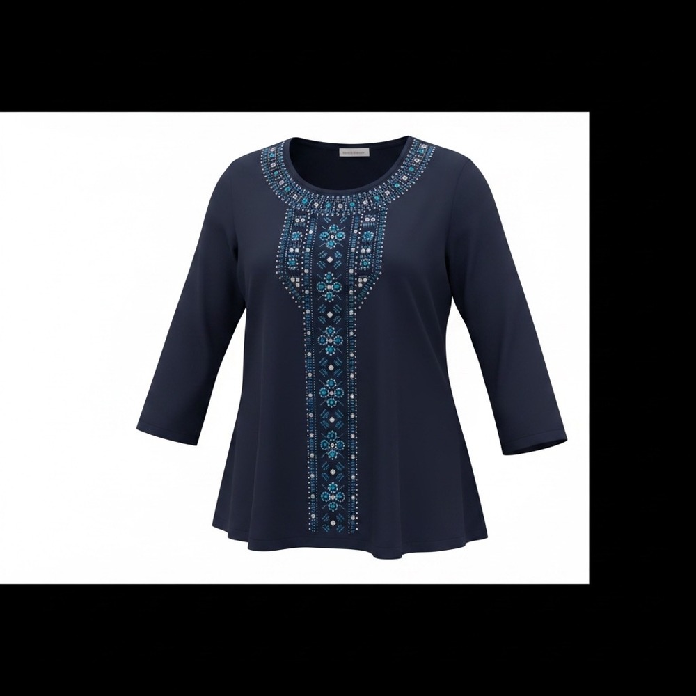 Alfred Dunner Womens 1X Navy Blue Beaded 3/4 Sleeve Knit Top Blouse Turquoise